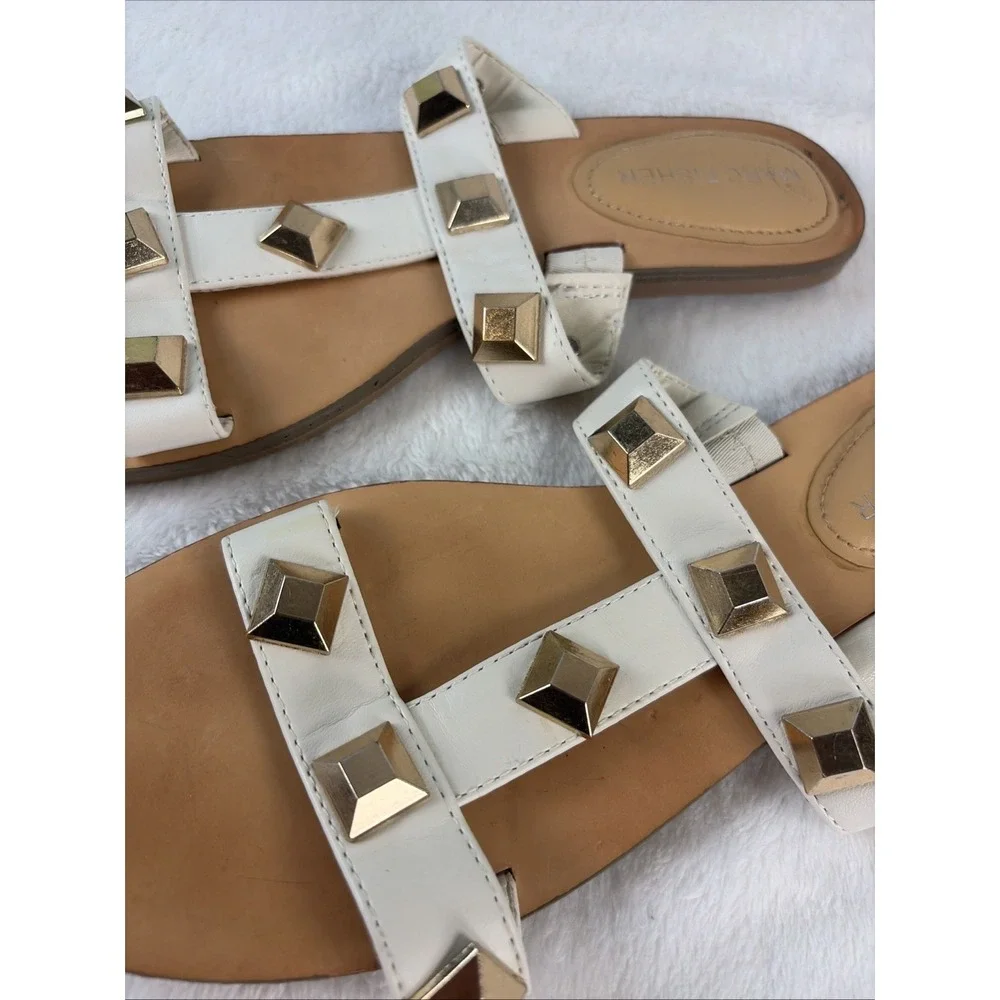 Marc Fisher Bonis Studded Slide Sandals White Gold T-Strap Flat Edgy Rock EUC